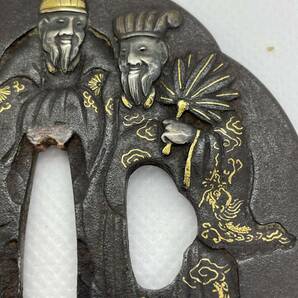 【武具小道具】日本刀装具 鉄鍔 中国人物金銀象嵌鐔 木瓜形 の画像4