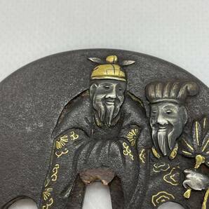 【武具小道具】日本刀装具 鉄鍔 中国人物金銀象嵌鐔 木瓜形 の画像3