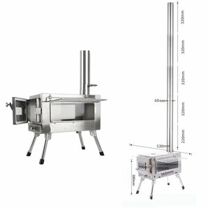 薪 ストーブ アウトドア 調理器具 暖炉 キャンプ 折りたたみ 煙突付き 耐熱ガラス窓付き 組立式 屋外 焚き火台 BBQ 暖房 コンロ ステンレスの画像1