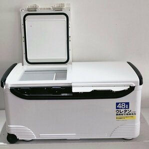 釣り用クーラーボックス 大容量48L 大型 座れる頑丈マッスルボディ 防水 サイドハンドル キャスター付 釣り 保冷力150h 水栓付き 白&黒の画像10