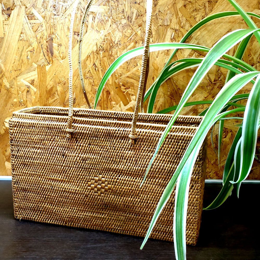 [Samurai] Unused, Bali, All-Ata construction, Handmade, Square shape, Diamond pattern, Natural material, 100% Basket bag, Ata bag H6, fashion, ladies' bag, basket, wicker basket