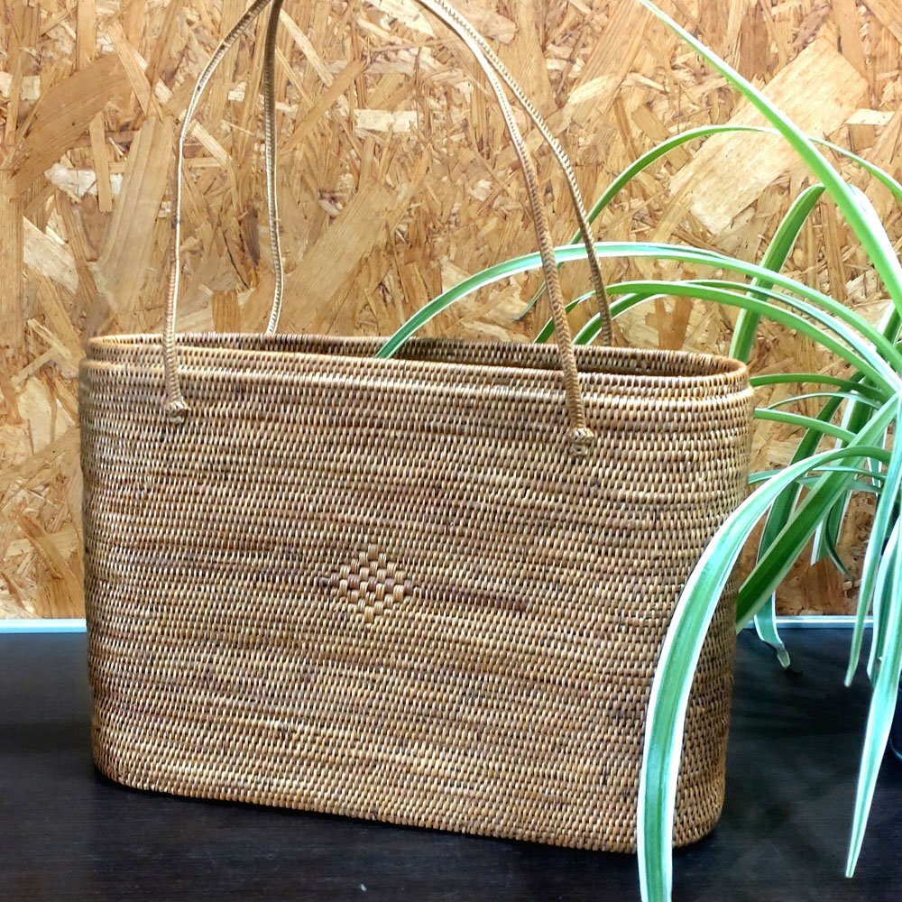 [SAMURAI] Unused Bali all-Ata handmade oval shape diamond pattern 100% natural material basket bag Ata bag F10, fashion, ladies' bag, basket, Wicker basket