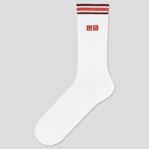  Uniqlo tennis . woven . socks white ground dark red, orange line 