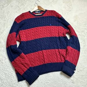 [ super rare size / beautiful goods ]Polo by Ralph Lauren Polo Ralph Lauren knitting cable knitted sweater po knee Logo embroidery border 2XL(3L)