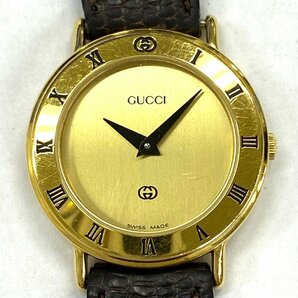 稼働品◆グッチ GUCCI◆3000L クォーツ 腕時計 レディース ウォッチ ゴールド文字盤 純正レザーブレス 箱付き 2針の画像2