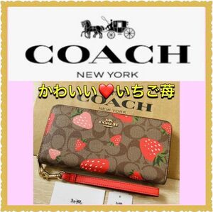 COACH コーチ　長財布 シグネチャー カーキ　いちご