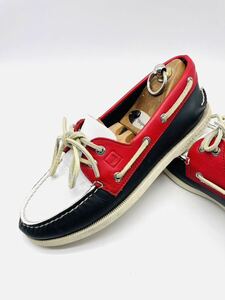  impact price![. road standard model!] strongest 1 pair![TOP-SIDERs Perry to] fine quality leather deck shoes / black white red / inscription MEN*S 7W