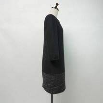 UNTITLED アンタイトル ウール100% 裾デザインIラインワンピース ５分袖 膝丈 裏地あり レディース 黒 ブラック グレー系 サイズ2*LC689_画像2