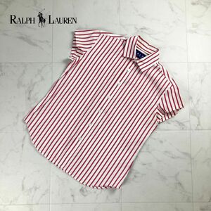 美品 Ralph Lauren ラルフローレン 襟付き半袖シャツ SLIM FIT ストライプ柄 トップス レディース 赤 レッド 白 ホワイト サイズ11*NC1398