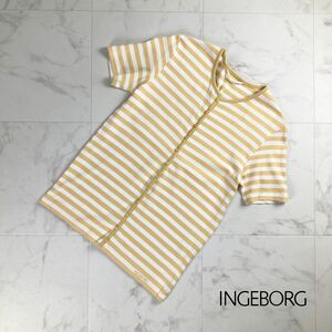 美品 INGEBORG インゲボルグ ボーダー柄Tシャツ フロントボタン 半袖カットソー トップス レディース イエロー サイズ40*NC1390