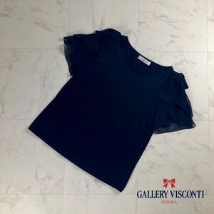 GALLERY VISCONTI ギャラリービスコンティ デザイン袖 半袖ブラウスカットソー リボン トップス レディース 紺 サイズM*OC61