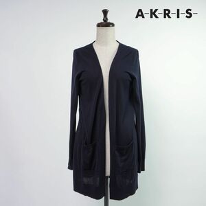  beautiful goods AKRIS puntoa Chris wool 100% part race front opening long sleeve cardigan tops lady's navy blue navy size S*OC121