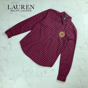 美品 LAUREN RALPH LAUREN ローレン ラルフ ローレン ギンガムチェックシャツ 刺繍 トップス レディース レッド ブラック サイズS*OC1034