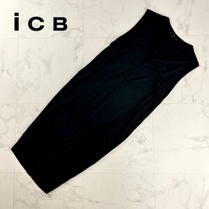 美品 ICB アイシービー Tシャツワンピース ノースリーブ 膝丈 レディース 黒 ブラック サイズS*OC1068