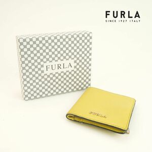 FURLA フルラ 二つ折り財布 ブランドロゴ レザー 黄色 イエロー 箱付き@JG9