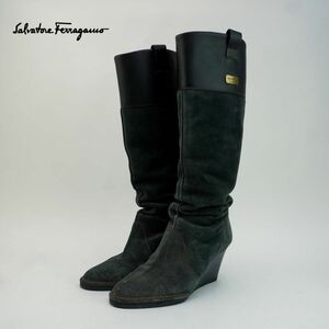 Salvatore Ferragamo サルヴァトーレフェラガモ 7 24.5 ロングブーツ イタリア製 ウェッジソール スエード レザー 黒 ブラック/OC102