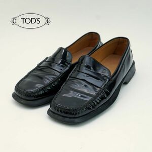 TOD'S トッズ 37 23.5 コインローファー ヒール エナメル 黒 ブラック/OC117