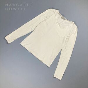 美品 MARGARET HOWELL マーガレットハウエル ラウンドネックシンプルTシャツ 長袖 トップス レディース 白 生成り ベージュ サイズ2*OC788