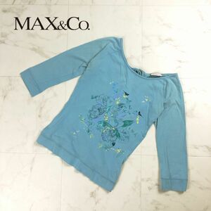 美品 MAX&Co マックス アンド コー 花柄 鳥 プリントバックオープンカットソー トップス レディース 青 ブルー サイズM*OC803