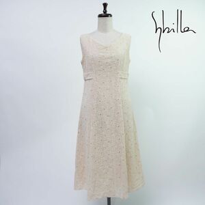 Sybilla シビラ 総レース刺繍 シアー素材 ノースリーブフレアワンピース ミモレ丈 裏地あり レディース ベージュ サイズL*OC473