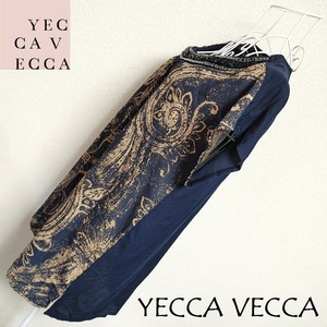 YECCA VECCA★ネイビー★前後切替 ビジュー ノースリーブ チュニック プルオーバー ペイズリー柄 大きめ イェッカヴェッカ 総柄 トップス