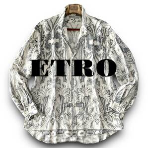 D15 極美品 極上ペイズリー 定価5万 2XLサイズ『エトロ ETRO』麻100％ イタリアンリネン 長袖 シャツ ペイズリーデザイン ブラックホワイトの画像1