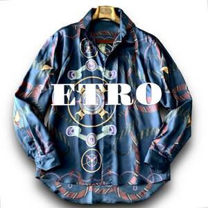 A17 極美品 高級 総シルク！定価8万 Lサイズ『エトロ ETRO』絹 イタリアンシルク 長袖 シャツ ベルト ペガサスデザイン 光沢感 ネイビー 紺