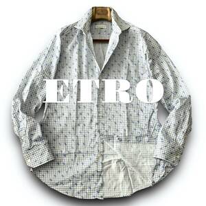 A20 美品 爽やかペイズリー！定価5万 XXLぐらい 42『エトロ ETRO』イタリアンコットン 長袖 シャツ レトロチェックデザイン ネイビーブルー