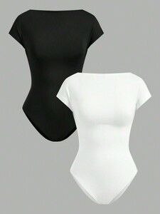 ボディスーツ 女性用 ノースリーブバックレス カジュアルボディスーツ 2個セット、ブラックとホワイト、スリムフィット