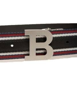 Bally Men B Leather Fabric Reversible Belt Multi Midnight Black EU 120 MK24044 海外 即決