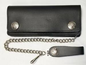 Black Leather Trucker Wallet With Buffalo Nickel Snaps & 12" Chain MADE IN USA 海外 即決