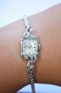 W253- 14k Solid White Gold Ladies Hamilton Vintage Diamond Watch 海外 即決