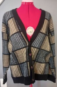 VTG-Life Trends Cardigan Vest Button Down Abstract Black And Tan- Made USA 海外 即決