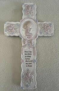 Ceramic Cross Wall Decor Little Girl Praying Pink And White Bedtime Prayer 海外 即決