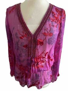 Hale Bob Womens Silk Blend Blouse Size S Velvet Sheer Floral Beaded Top V Neck 海外 即決