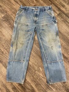 Carhartt B73 DST Double Front Knee Pants Blue Jean Distressed Size 38x30 (36x30) 海外 即決