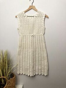 Vintage Small White Handmade Crochet/ Knitted Boho Dress Beach Cover Up 海外 即決