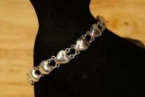 Estate Jewelry 8MM Fancy Link Puffed Heart 925 Sterling Silver Bracelet 7.5" 海外 即決