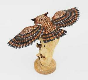 12" Wooden Handmade Owl Figurine Statue Painted Sculpture Hoot Bird Hand Carved 海外 即決