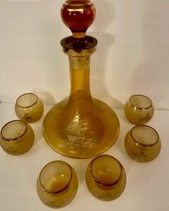 Vintage MCM Bohemia Amber & Gold Decanter Set w/ 6 Glasses - Ship/Nautical Motif 海外 即決
