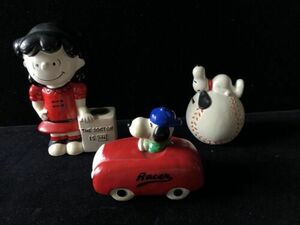 Vtg 60s Snoopy Car & Baseball Paper Mache Bank ,Lucy Hallmark Candlestick Holder 海外 即決