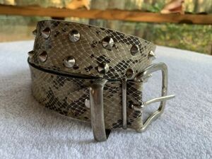 Snake Skin Print Belt Made In Italy Spiked Studded Genuine Leather Men’s SZ Med 海外 即決