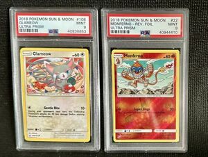 2 PSA 9 Graded ポケモン Cards Sun & Moon Monferno Rev Foil & Glameow Ultra Prism 海外 即決