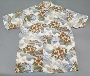 VINTAGE Campia Moda Hawaiian Shirt Mens Large Button Beige Floral Lightweight 海外 即決