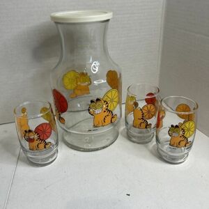 1978 Anchor Hocking VINTAGE Garfield Juice Pitcher Carafe W/ Lid And 3 Glasses 海外 即決