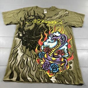 VTG Ed Hardy By Christian Audigier Short Sleeve T-Shirt Size Large Snake Roses 海外 即決