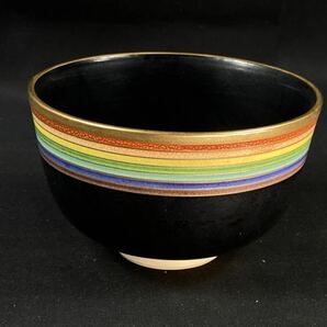 【福蔵】京焼 茶碗 黒 虹 在銘 茶道具 抹茶碗 径12.3cmの画像1