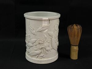 [ luck warehouse ] writing brush tube white paper .. lotus flower fish map Zaimei ... work Tang thing paper tool writing . four . Kiyoshi fee antique old . old fine art writing brush . super small . skill height 14.7cm