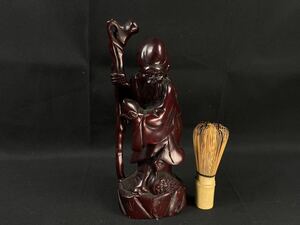 【福蔵】木彫 寿老人 寿星翁 一本彫 彫刻工芸品 天然木保証 高24cm