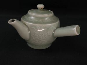 【福蔵】唐物 急須 龍泉 青磁 陽刻蓮花紋 茶道具 高10cm